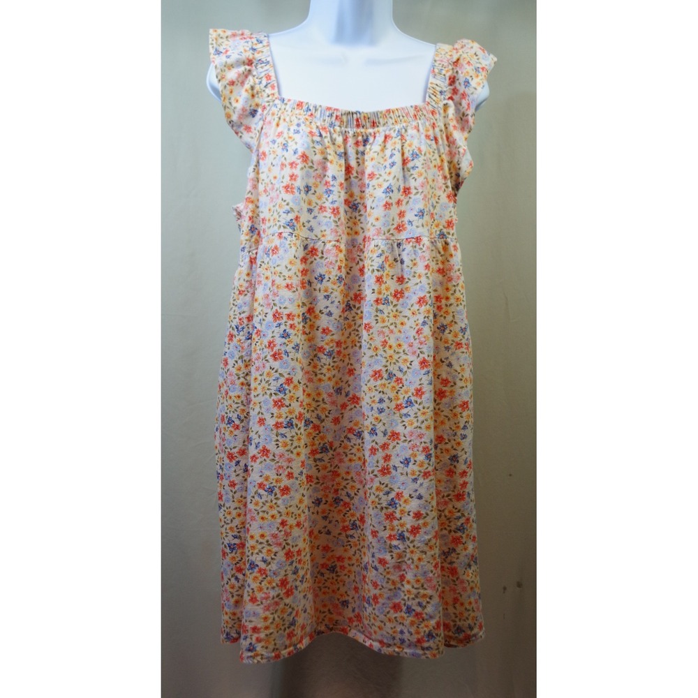 Wild Fable Women XXL Floral‎ Linen Blend Ruffle Sleeve Square Neck Mini Dress